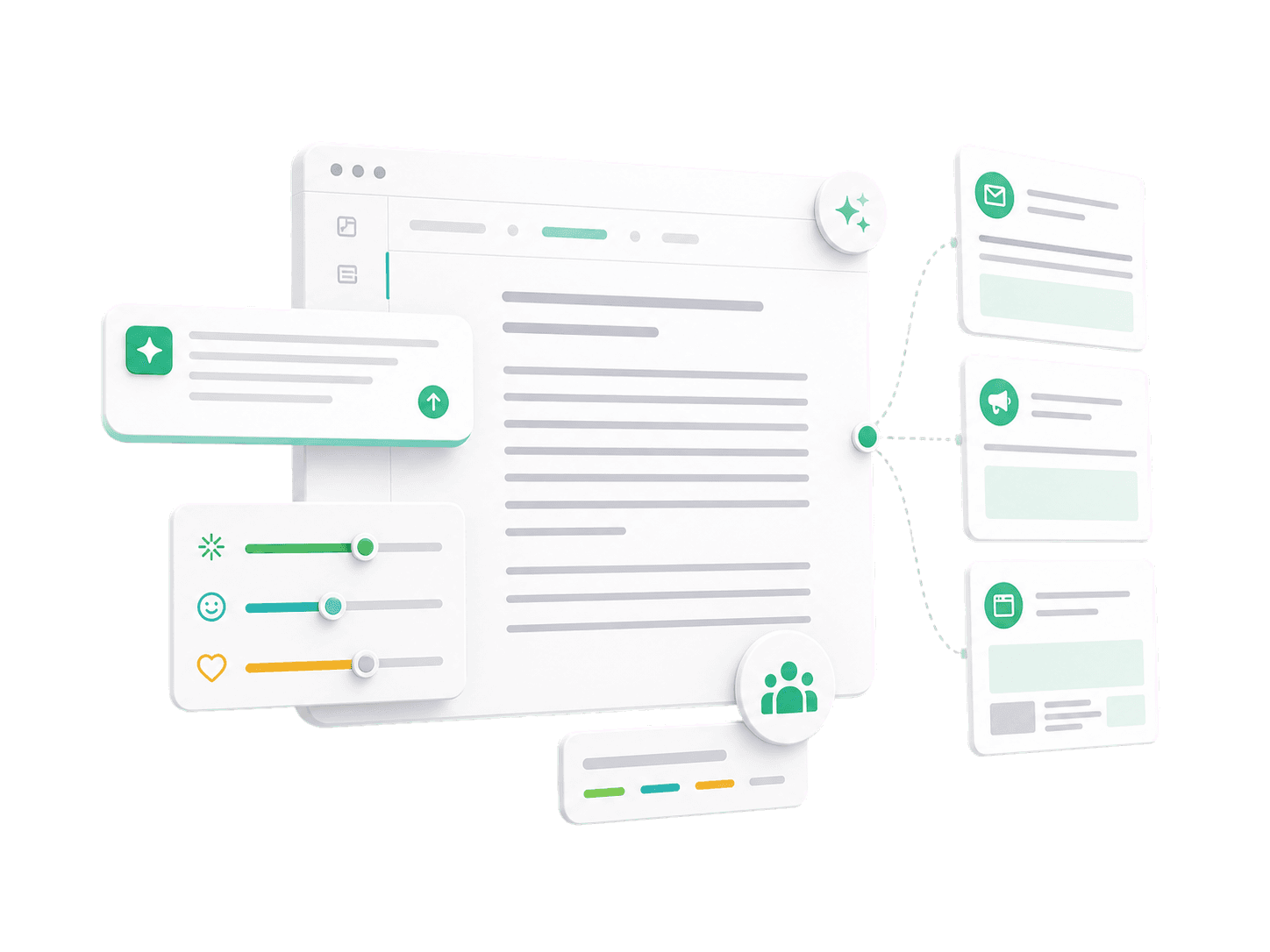 Document editor illustration with tone controls and campaign output cards